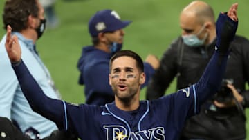 TB Rays center fielder Kevin Kiermaier (middle) celebrates with teammates after defeating the Los Angeles Dodgers in game four of the 2020 World Series at Globe Life Field. (Kevin Jairaj-USA TODAY Sports)