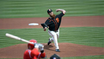 SF Giants starting pitcher Conner Menez (top) pitches against the Los Angeles Angels during the first inning at Scottsdale Stadium. (Joe Camporeale-USA TODAY Sports)