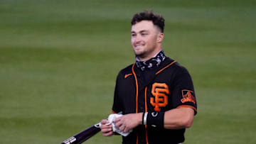 SF Giants Hunter Bishop gets ready for a spring training game against the Los Angeles Dodgers at Scottsdale Stadium. (Rick Scuteri-USA TODAY Sports)
