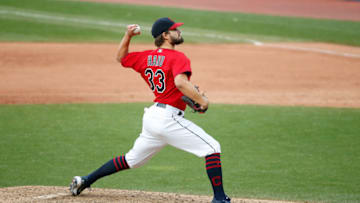 CLEVELAND, OH - SEPTEMBER 27: Brad Hand #33 of the Cleveland Indians throws a pitch while completing the save during the ninth inning of the game against the Pittsburgh Pirates at Progressive Field on September 27, 2020 in Cleveland, Ohio. Cleveland defeated Pittsburgh 8-6. (Photo by Kirk Irwin/Getty Images)