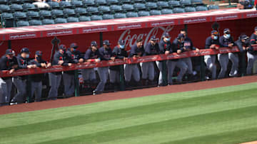 TEMPE, ARIZONA - MARCH 16: The Cleveland Indians look on before the game against the Los Angeles Angels during the MLB spring training baseball game at Tempe Diablo Stadium on March 16, 2021 in Tempe, Arizona. (Photo by Abbie Parr/Getty Images)