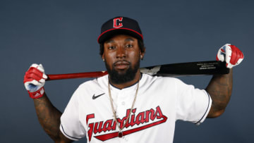 GOODYEAR, ARIZONA - MARCH 22: Daniel Johnson #23 of the Cleveland Guardians poses during Photo Day at Goodyear Ballpark on March 22, 2022 in Goodyear, Arizona. (Photo by Chris Coduto/Getty Images)