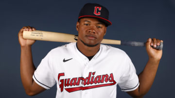 GOODYEAR, ARIZONA - MARCH 22: Oscar Gonzalez #90 of the Cleveland Guardians poses during Photo Day at Goodyear Ballpark on March 22, 2022 in Goodyear, Arizona. (Photo by Chris Coduto/Getty Images)