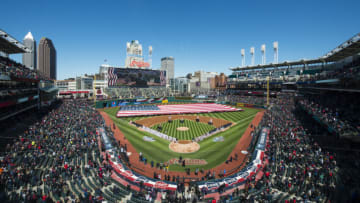 CLEVELAND, OH - APRIL 5: A general stadium view of Progressive Field during the national anthem at the opening day game between the Cleveland Indians and the Boston Red Sox at Progressive Field on April 5, 2016 in Cleveland, Ohio. (Photo by Jason Miller/Getty Images)