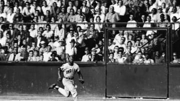 Cuban professional baseball player Minnie Minoso of the Cleveland Indians runs to catch a ball in the outfield during a road game, late 1950s. (Photo by Robert Riger Collection/Getty Images)