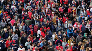 Cleveland baseball fans fill Gateway Plaza as they wait in line for an MLB baseball game between the Cleveland Guardians and the San Francisco Giants at Progressive Field in Cleveland on Friday.Guardians Pre 3