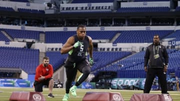 Feb 28, 2016; Indianapolis, IN, USA; Appalachian State defensive lineman Ronald Blair participates in workout drills during the 2016 NFL Scouting Combine at Lucas Oil Stadium. Mandatory Credit: Brian Spurlock-USA TODAY Sports