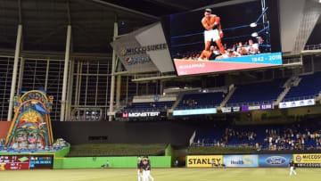 Jun 3, 2016; Miami, FL, USA; A photograph of boxing great Muhammad Ali is displayed in the outfield after the New York Mets and the Miami Marlins game at Marlins Park. The Mets won 6-2. Mandatory Credit: Steve Mitchell-USA TODAY Sports