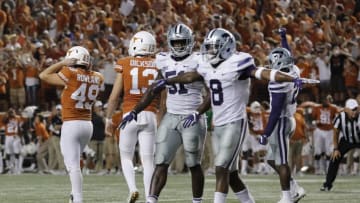 AUSTIN, TX - OCTOBER 07: Duke Shelley #8 of the Kansas State Wildcats celebrates after Joshua Rowland #49 of the Texas Longhorns missed a fourth quarter field goal at Darrell K Royal-Texas Memorial Stadium on October 7, 2017 in Austin, Texas. (Photo by Tim Warner/Getty Images)