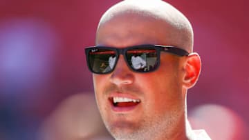 KANSAS CITY, MO - SEPTEMBER 23: Mike Kafka, quarterbacks coach for the Kansas City Chiefs, smiled on the field prior to the game against the San Francisco 49ers at Arrowhead Stadium on September 23, 2018 in Kansas City, Missouri. (Photo by David Eulitt/Getty Images)