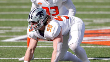 MOBILE, AL - JANUARY 30: Defensive End Wyatt Hubert #50 from Kansas State of the American Team during the 2021 Resse's Senior Bowl at Hancock Whitney Stadium on the campus of the University of South Alabama on January 30, 2021 in Mobile, Alabama. The National Team defeated the American Team 27-24. (Photo by Don Juan Moore/Getty Images)