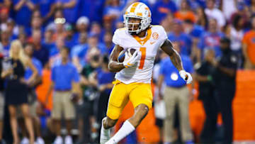 GAINESVILLE, FLORIDA - SEPTEMBER 25: Velus Jones Jr. #1 of the Tennessee Volunteers runs for yardage during a game against the Florida Gators at Ben Hill Griffin Stadium on September 25, 2021 in Gainesville, Florida. (Photo by James Gilbert/Getty Images)