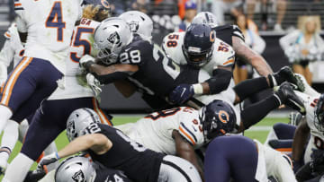 LAS VEGAS, NEVADA - OCTOBER 10: Josh Jacobs #28 of the Las Vegas Raiders rushes for a touchdown during the second half against the Chicago Bears at Allegiant Stadium on October 10, 2021 in Las Vegas, Nevada. (Photo by Ethan Miller/Getty Images)