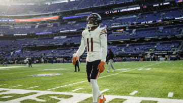 MINNEAPOLIS, MN - JANUARY 09: Darnell Mooney #11 of the Chicago Bears warms up before the game against the Minnesota Vikings at U.S. Bank Stadium on January 9, 2022 in Minneapolis, Minnesota. (Photo by Stephen Maturen/Getty Images)