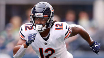 SEATTLE, WASHINGTON - AUGUST 18: Velus Jones Jr. #12 of the Chicago Bears runs a route in the first half during the preseason game between the Seattle Seahawks and the Chicago Bears at Lumen Field on August 18, 2022 in Seattle, Washington. (Photo by Steph Chambers/Getty Images)