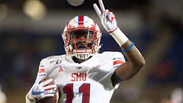 Nov 23, 2019; Annapolis, MD, USA; Southern Methodist Mustangs wide receiver Rashee Rice (11) reacts after scoring a fourth quarter touchdown against the Navy Midshipmen at Navy-Marine Corps Memorial Stadium. Mandatory Credit: Tommy Gilligan-USA TODAY Sports