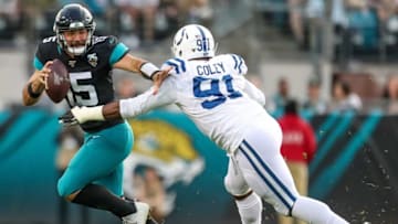 Indianapolis Colts defensive tackle Trevon Coley (91) pressures Jacksonville Jaguars quarterback Gardner Minshew II (15) at TIAA Bank Field in Jacksonville, Fla., on Sunday, Dec. 29, 2019.Indianapolis Colts Vs Jacksonville Jaguars In Nfl Week 17 In Jacksonville Fla On Sunday Dec 29 2019