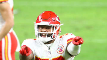 Nov 22, 2020; Paradise, Nevada, USA; Kansas City Chiefs linebacker Anthony Hitchens (53) against the Las Vegas Raiders at Allegiant Stadium. Mandatory Credit: Mark J. Rebilas-USA TODAY Sports