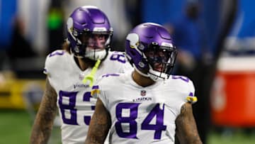 Jan 3, 2021; Detroit, Michigan, USA; Minnesota Vikings tight end Irv Smith (84) and tight end Tyler Conklin (83) prepare to warm up before the game against the Detroit Lions at Ford Field. Mandatory Credit: Raj Mehta-USA TODAY Sports