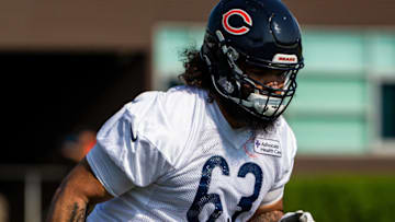Jul 29, 2021; Lake Forest, IL, USA; Chicago Bears defensive end LaCale London (63) does a drill during a Chicago Bears training camp session at Halas Hall. Mandatory Credit: Jon Durr-USA TODAY Sports