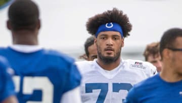 Indianapolis Colts offensive tackle JuliŽn Davenport (73) at Grand Park in Westfield on Monday, August 10, 2021, on the third week of workouts of this summer's Colts training camp.Wentz Back At Colts Camp