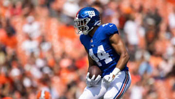 Aug 22, 2021; Cleveland, Ohio, USA; New York Giants tight end Rysen John (44) celebrates against the Cleveland Browns during the first quarter at FirstEnergy Stadium. Mandatory Credit: Scott Galvin-USA TODAY Sports