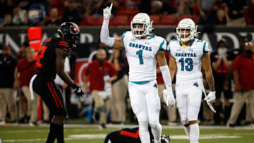 Oct 7, 2021; Jonesboro, Arkansas, USA; Coastal Carolina Chanticleers cornerback Derick Bush (1) celebrates after a pass break-up during the second half against the Arkansas State Red Wolves at Centennial Bank Stadium. Mandatory Credit: Petre Thomas-USA TODAY Sports