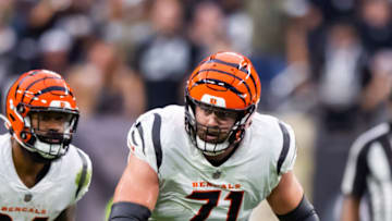 Nov 21, 2021; Paradise, Nevada, USA; Cincinnati Bengals offensive tackle Riley Reiff (71) against the Las Vegas Raiders at Allegiant Stadium. Mandatory Credit: Mark J. Rebilas-USA TODAY Sports