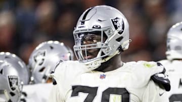 Dec 20, 2021; Cleveland, Ohio, USA; Las Vegas Raiders guard Alex Leatherwood (70) during the fourth quarter against the Cleveland Browns at FirstEnergy Stadium. Mandatory Credit: Scott Galvin-USA TODAY Sports