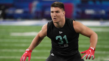 Mar 5, 2022; Indianapolis, IN, USA; Wisconsin linebacker Jack Sanborn (LB31) goes through drills during the 2022 NFL Scouting Combine at Lucas Oil Stadium. Mandatory Credit: Kirby Lee-USA TODAY Sports