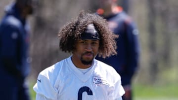 May 7, 2022; Lake Forest, IL, USA; Chicago Bears corner back Kyler Gordon stretches during team's rookie minicamp at Halas Hall. Mandatory Credit: Kamil Krzaczynski-USA TODAY Sports