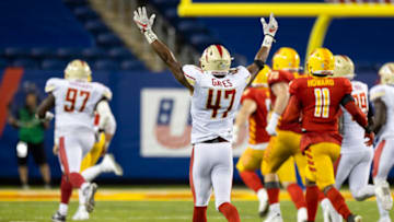 Jul 3, 2022; Canton, OH, USA; Birmingham Stallions outside linebacker DeMarquis Gates (47) celebrates an interception and touchdown against the Philadelphia Stars during the fourth quarter at Tom Benson Hall of Fame Stadium. Mandatory Credit: Scott Galvin-USA TODAY Sports