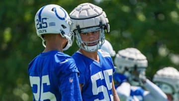 Indianapolis Colts linebacker Sterling Weatherford (55) (right) talks Indianapolis Colts defensive back Rodney Thomas II (25) during training camp Thursday, July 28, 2022, at Grand Park Sports Campus in Westfield, Ind.Indianapolis Colts Training Camp Nfl Thursday July 28 2022 At Grand Park Sports Campus In Westfield Ind