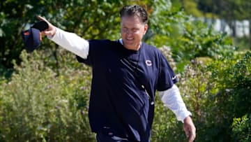 Jul 30, 2022; Lake Forest, Illinois, US; Chicago Bears Head Coach Matt Eberflus walks to the field during training camp at Halas Hall. Mandatory Credit: David Banks-USA TODAY Sports
