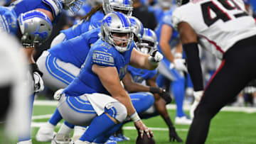 Aug 12, 2022; Detroit, Michigan, USA; Detroit Lions center Evan Brown (63) in action against the Atlanta Falcons in the third quarter at Ford Field. Mandatory Credit: Lon Horwedel-USA TODAY Sports
