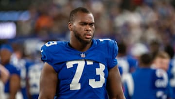 Aug 21, 2022; East Rutherford, New Jersey, USA; New York Giants offensive lineman Evan Neal (73) during the second half against the Cincinnati Bengals at MetLife Stadium. Mandatory Credit: John Jones-USA TODAY Sports