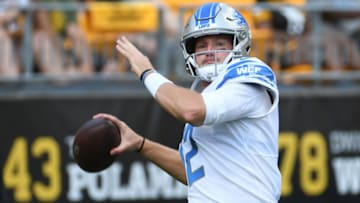 Aug 28, 2022; Pittsburgh, Pennsylvania, USA; Detroit Lions quarterback Tim Boyle (12) throws a pass before playing the Detroit Lions at Acrisure Stadium. Mandatory Credit: Philip G. Pavely-USA TODAY Sports