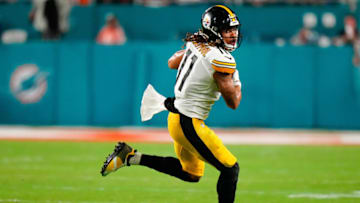 Oct 23, 2022; Miami Gardens, Florida, USA; Pittsburgh Steelers wide receiver Chase Claypool (11) runs the ball against the Miami Dolphins during the second half at Hard Rock Stadium. Mandatory Credit: Rich Storry-USA TODAY Sports