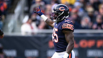 Nov 13, 2022; Chicago, Illinois, USA; Chicago Bears linebacker Joe Thomas (45) celebrates blocking a pass in the first quarter against the Detroit Lions at Soldier Field. Mandatory Credit: Daniel Bartel-USA TODAY Sports