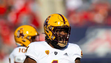 Nov 25, 2022; Tucson, Arizona, USA; Arizona State Sun Devils defensive lineman Nesta Jade Silvera (4) against the Arizona Wildcats during the Territorial Cup at Arizona Stadium. Mandatory Credit: Mark J. Rebilas-USA TODAY Sports