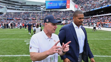 Aug 13, 2022; Chicago, Illinois, USA; Chicago Bears head coach Matt Eberflus, left, and general manager Ryan Poles walk off the field after the Bears defeated the Kansas City Chiefs 19-14 at Soldier Field. Mandatory Credit: Jamie Sabau-USA TODAY Sports