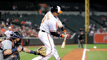 May 12, 2016; Baltimore, MD, USA; Baltimore Orioles shortstop Manny Machado (13) singles in the sixth inning against the Detroit Tigers at Oriole Park at Camden Yards. The Baltimore Orioles won 7-5. Mandatory Credit: Evan Habeeb-USA TODAY Sports