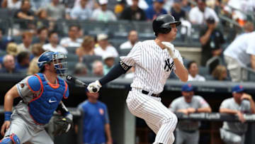 NEW YORK, NY - JULY 21: Greg Bird #33 of the New York Yankees doubles in arun against the New York Mets in the fourth inning during their game at Yankee Stadium on July 21, 2018 in New York City. (Photo by Al Bello/Getty Images)