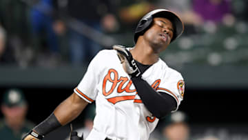 BALTIMORE, MD - SEPTEMBER 11: Cedric Mullins #3 of the Baltimore Orioles reacts after striking out in the eighth inning against the Oakland Athletics at Oriole Park at Camden Yards on September 11, 2018 in Baltimore, Maryland. (Photo by Greg Fiume/Getty Images)