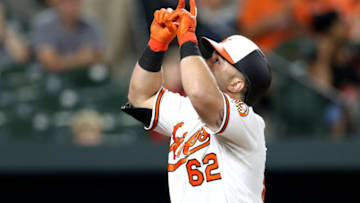 BALTIMORE, MD - SEPTEMBER 19: DJ Stewart #62 of the Baltimore Orioles celebrates after hitting a solo home run against the Toronto Blue Jays at Oriole Park at Camden Yards on September 19, 2018 in Baltimore, Maryland. (Photo by Rob Carr/Getty Images)