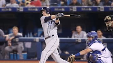 TORONTO, ON - SEPTEMBER 21: Matt Duffy #5 of the Tampa Bay Rays hits a single in the sixth inning during MLB game action against the Toronto Blue Jays at Rogers Centre on September 21, 2018 in Toronto, Canada. (Photo by Tom Szczerbowski/Getty Images)