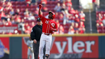 CINCINNATI, OH - SEPTEMBER 29: Dilson Herrera #15 of the Cincinnati Reds celebrates at second base after hitting a double during the fourth inning of the game against the Pittsburgh Pirates at Great American Ball Park on September 29, 2018 in Cincinnati, Ohio. Cincinnati defeated Pittsburgh 3-0. (Photo by Kirk Irwin/Getty Images)