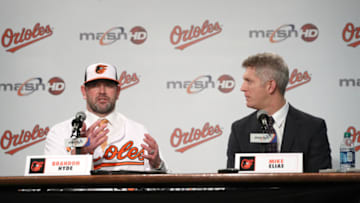 BALTIMORE, MARYLAND - DECEMBER 17: Brandon Hyde (L) is introduced as the new manager of the Baltimore Orioles by general manager Mike Elias during a news conference at Oriole Park at Camden Yards on December 17, 2018 in Baltimore, Maryland. (Photo by Rob Carr/Getty Images)