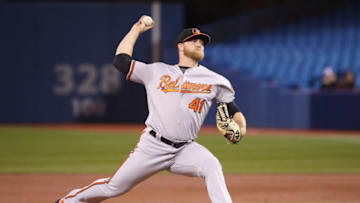 TORONTO, ON - APRIL 01: David Hess #41 of the Baltimore Orioles delivers a pitch in the first inning during MLB game action against the Toronto Blue Jays at Rogers Centre on April 1, 2019 in Toronto, Canada. (Photo by Tom Szczerbowski/Getty Images)