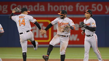 TORONTO, ON - APRIL 02: Jonathan Villar #2 of the Baltimore Orioles celebrates a victory with Rio Ruiz #14 after MLB game action against the Toronto Blue Jays at Rogers Centre on April 2, 2019 in Toronto, Canada. (Photo by Tom Szczerbowski/Getty Images)